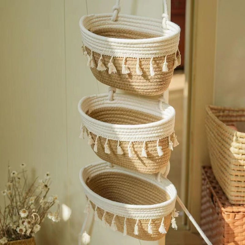 Bohemian Hanging Storage Basket Three Connected Wall Organiser Bags for Kitchen and Home - HK Spot
