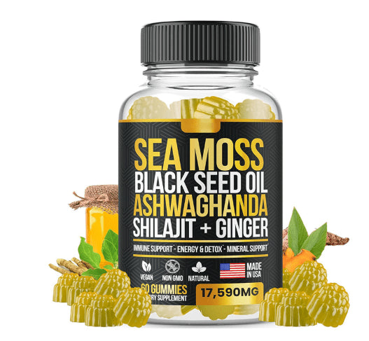 Sea Moss Gummies with Black Seed Oil, Ashwagandha, Shilajit & Ginger – 17,590 mg, 60 Vegan Gummies, Immune, Energy & Mineral Support - HK Spot